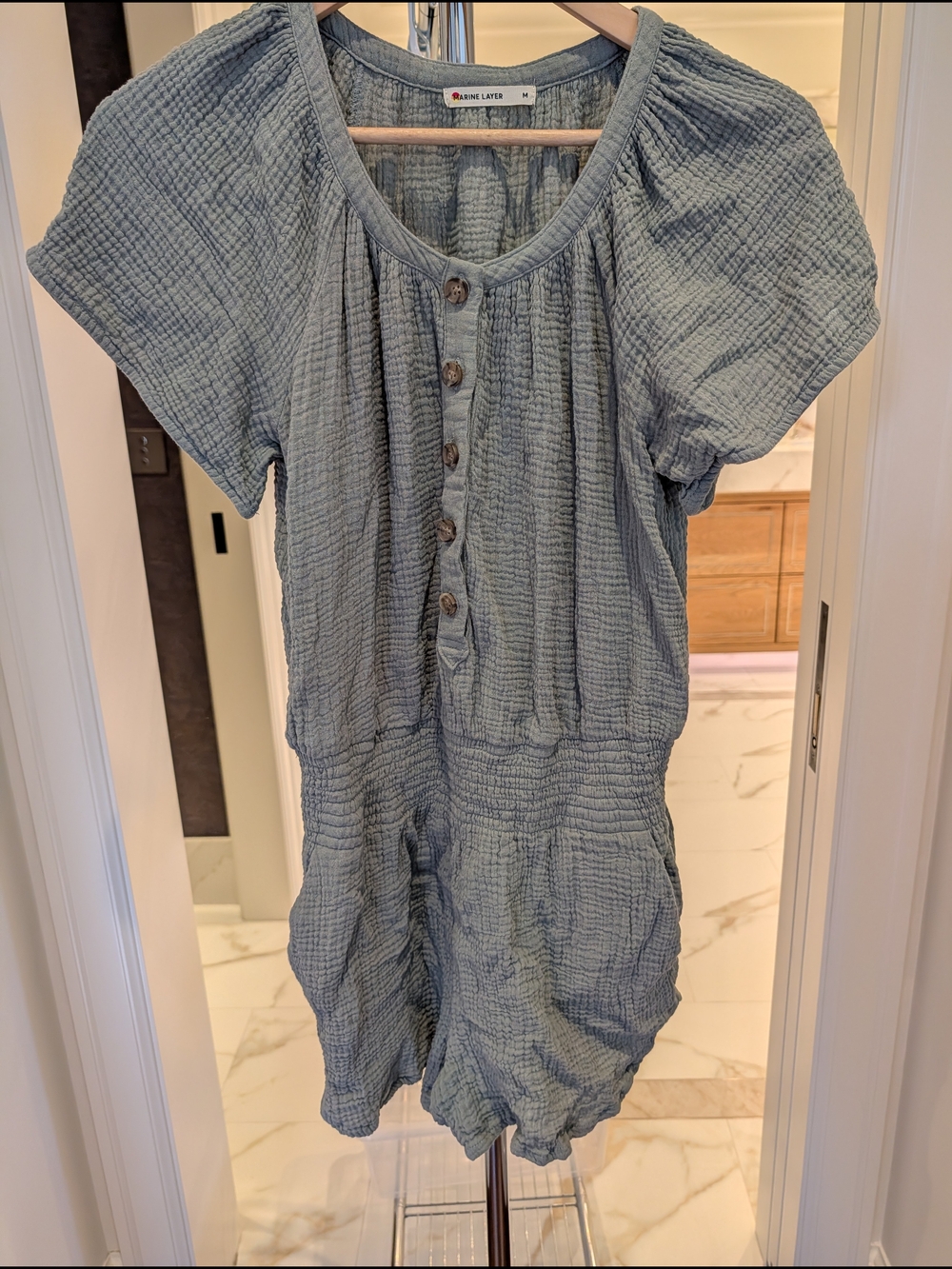 Marine Layer Dusty Blue Gauze Button-Front Romper